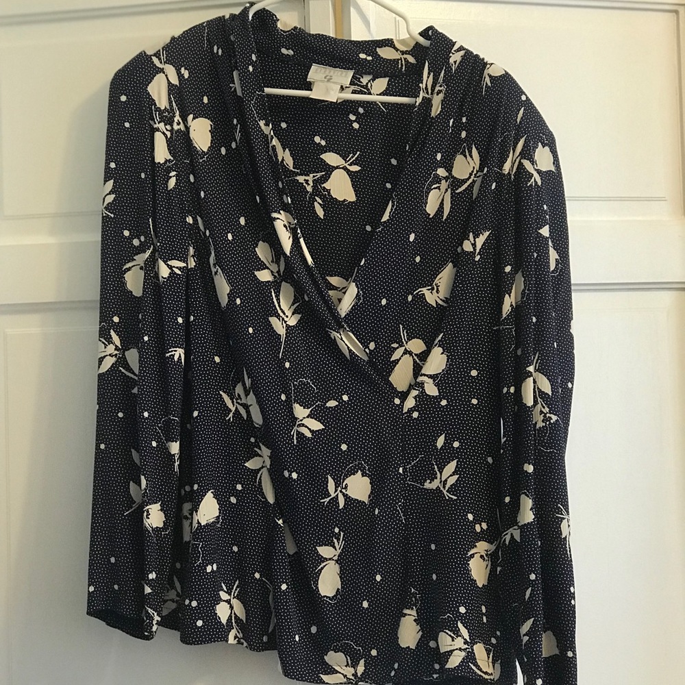 business casual blouse | navy blue with polka dot and floral pattern
